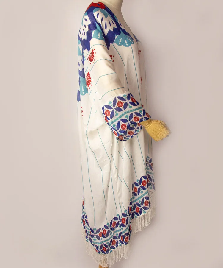White Floral Print Fringe Boho Kimono Cardigan