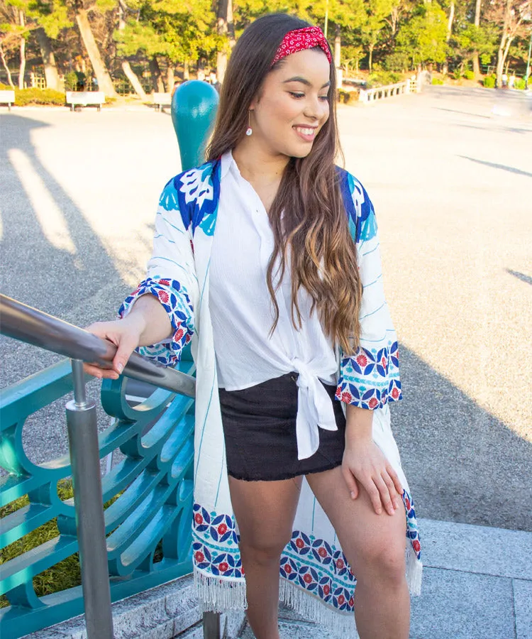White Floral Print Fringe Boho Kimono Cardigan