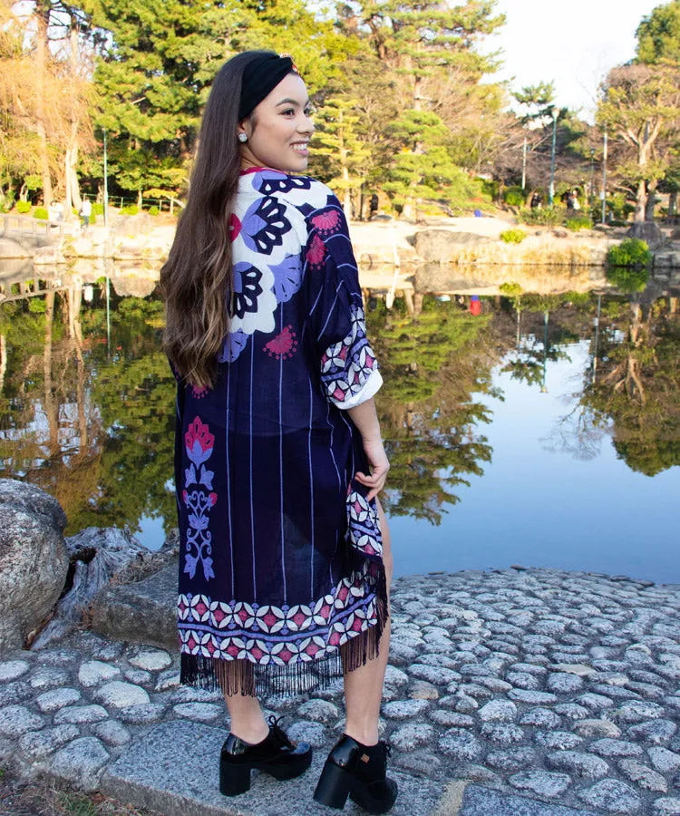 White Floral Print Fringe Boho Kimono Cardigan