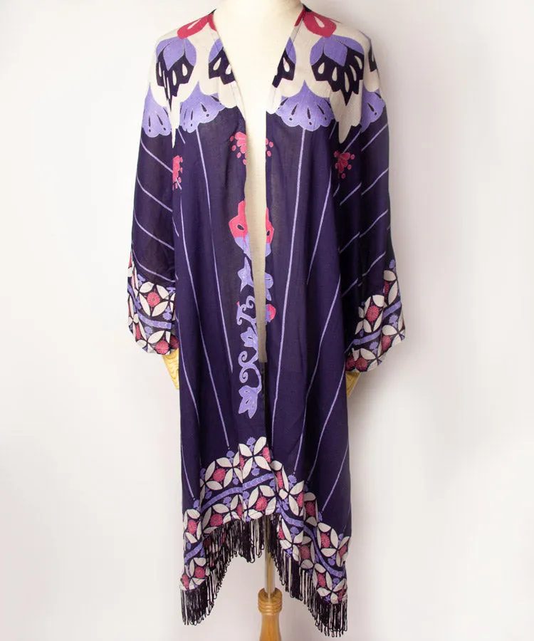 White Floral Print Fringe Boho Kimono Cardigan