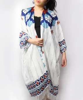 White Floral Print Fringe Boho Kimono Cardigan