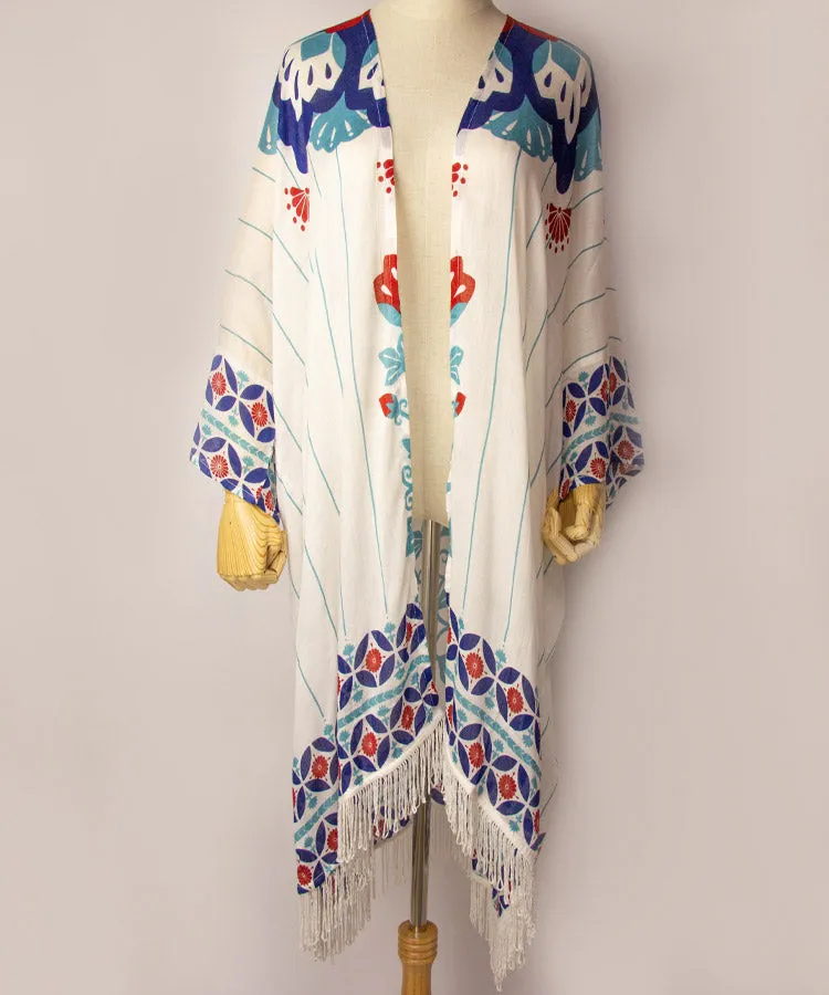 White Floral Print Fringe Boho Kimono Cardigan