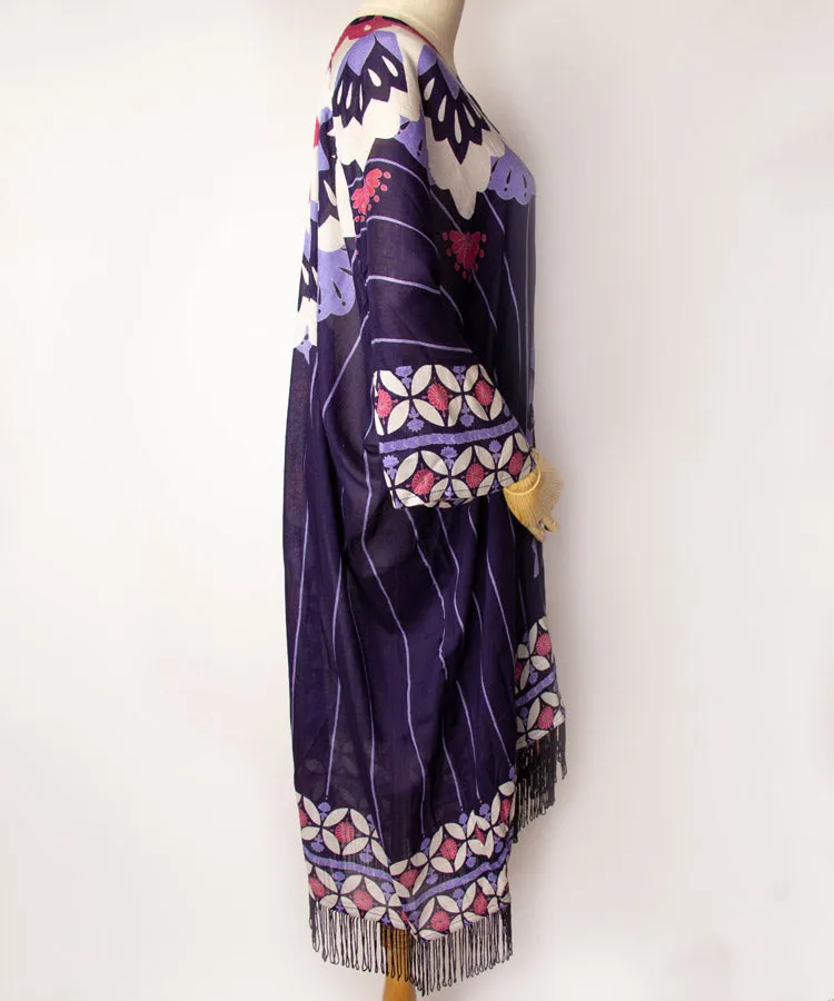 White Floral Print Fringe Boho Kimono Cardigan