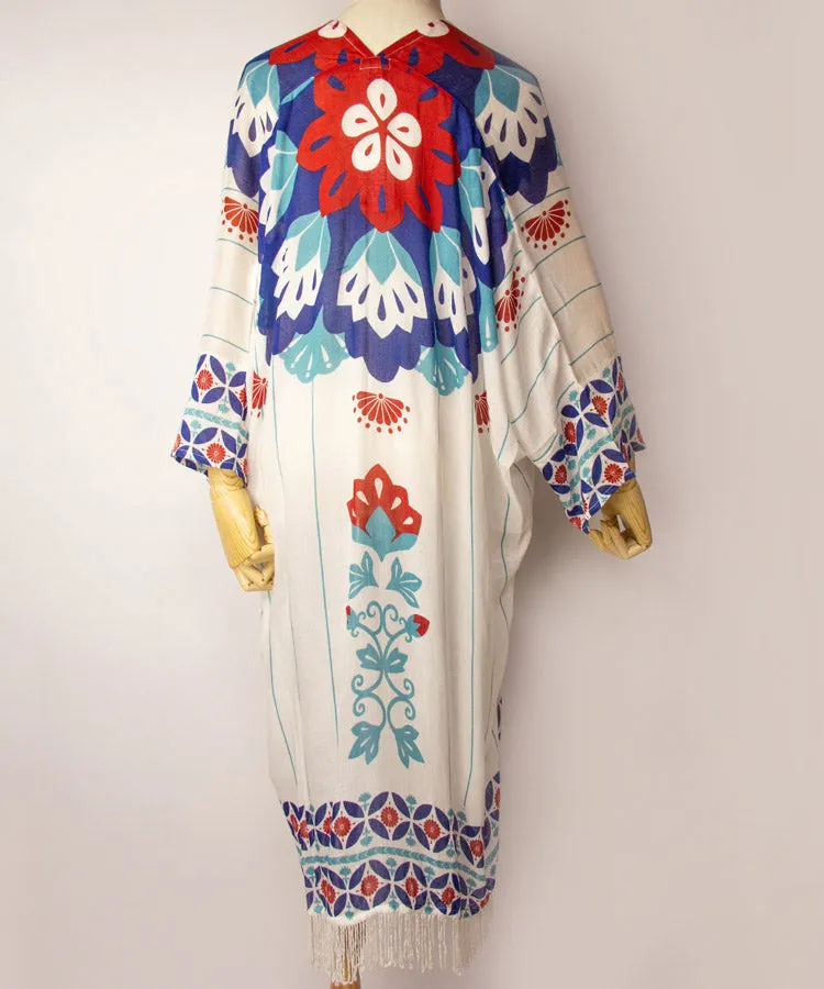 White Floral Print Fringe Boho Kimono Cardigan