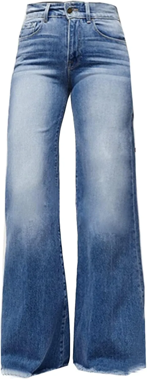 Wide Leg Jeans Woman Trendy High Waisted Bootcut Denim Pants Frayed Raw Hem Loose Maxi Jeans Stretchy Flare Jeans