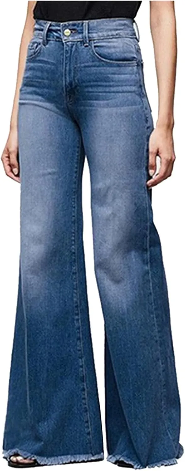 Wide Leg Jeans Woman Trendy High Waisted Bootcut Denim Pants Frayed Raw Hem Loose Maxi Jeans Stretchy Flare Jeans