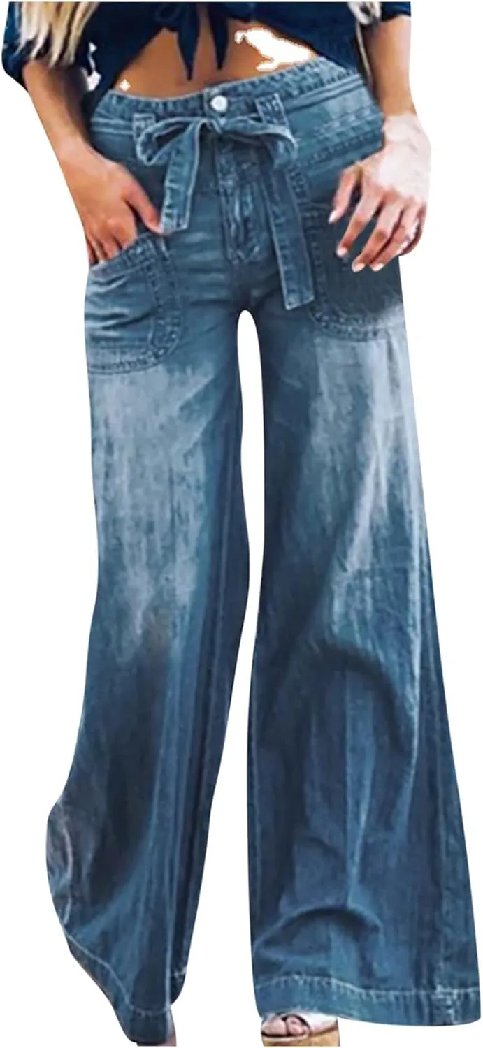 Wide Leg Jeans Woman Trendy High Waisted Bootcut Denim Pants Frayed Raw Hem Loose Maxi Jeans Stretchy Flare Jeans