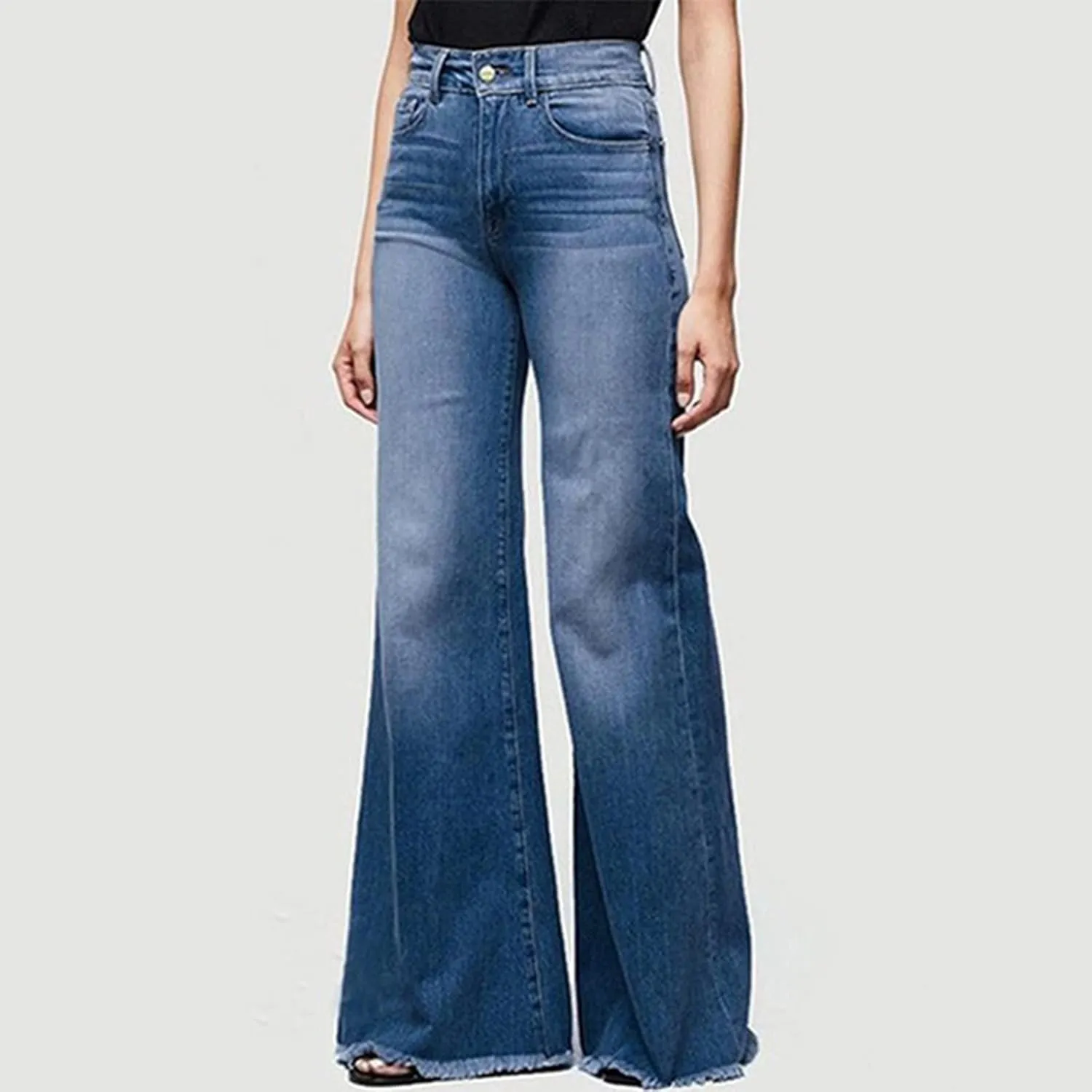 Wide Leg Jeans Woman Trendy High Waisted Bootcut Denim Pants Frayed Raw Hem Loose Maxi Jeans Stretchy Flare Jeans