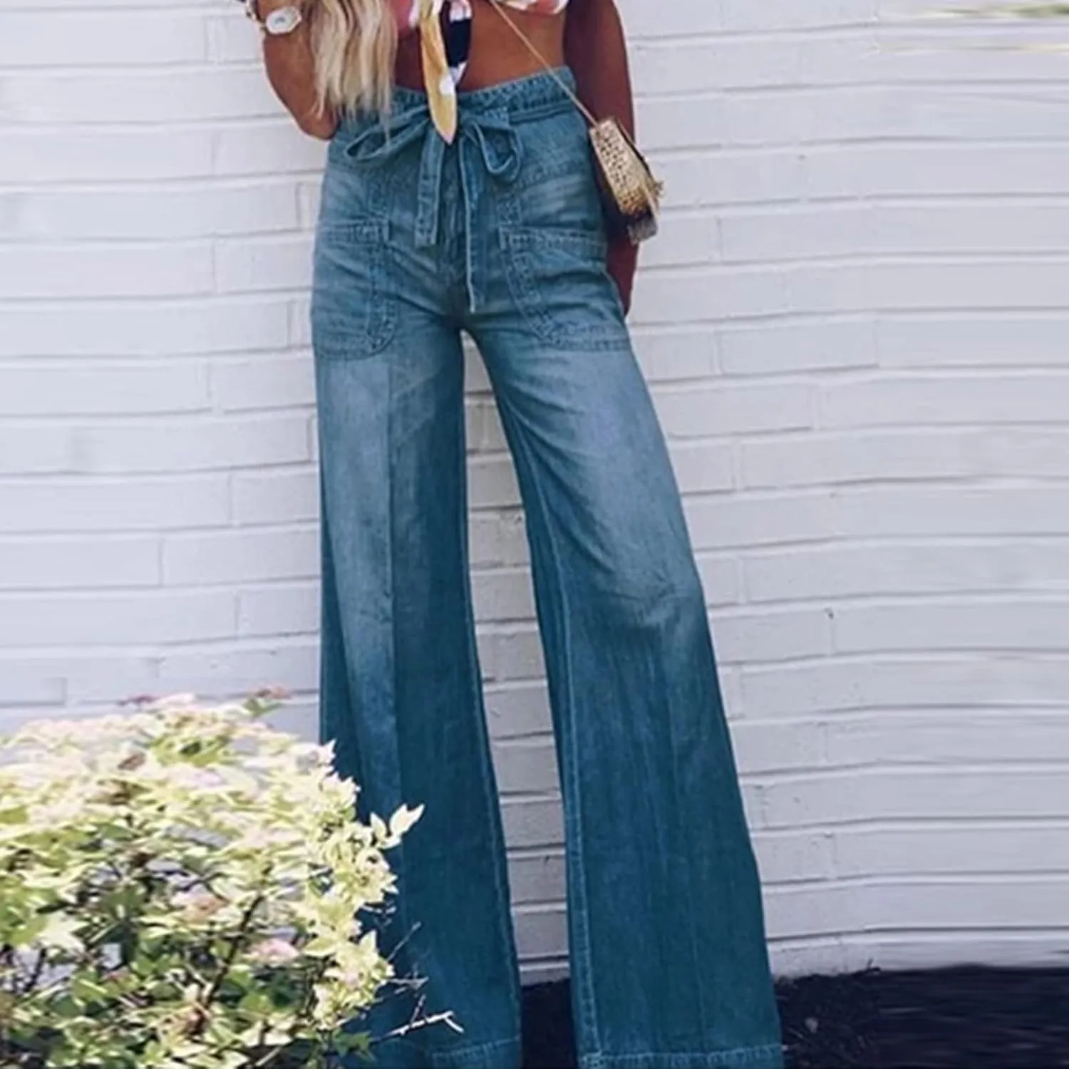 Wide Leg Jeans Woman Trendy High Waisted Bootcut Denim Pants Frayed Raw Hem Loose Maxi Jeans Stretchy Flare Jeans