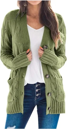 Winter Coats for Women 2025 Cable Knit Long Sleeve Sweaters Button Down Fall Outwear Coat Comfy Open Front Cardigan