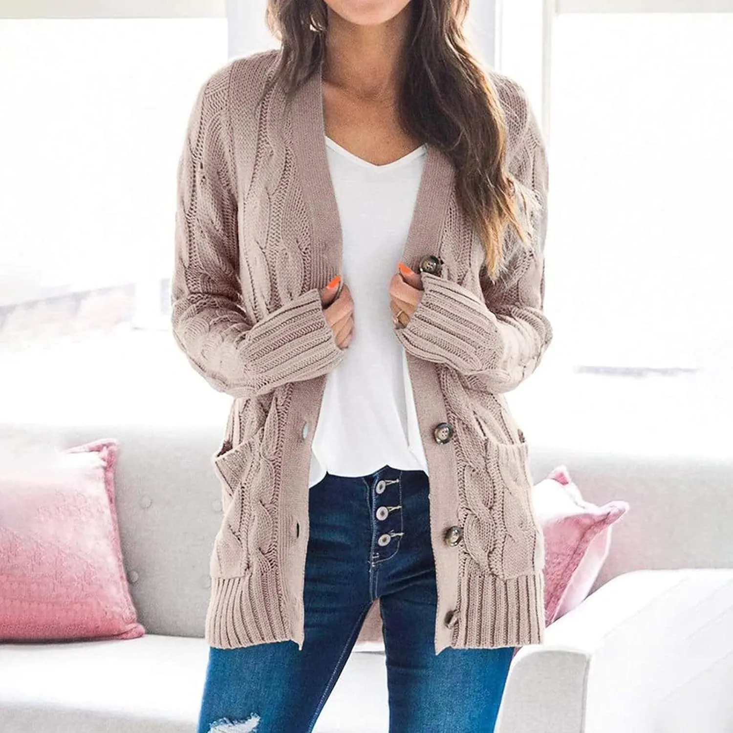 Winter Coats for Women 2025 Cable Knit Long Sleeve Sweaters Button Down Fall Outwear Coat Comfy Open Front Cardigan