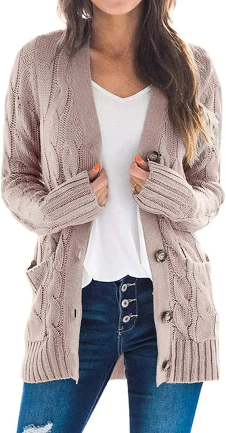 Winter Coats for Women 2025 Cable Knit Long Sleeve Sweaters Button Down Fall Outwear Coat Comfy Open Front Cardigan