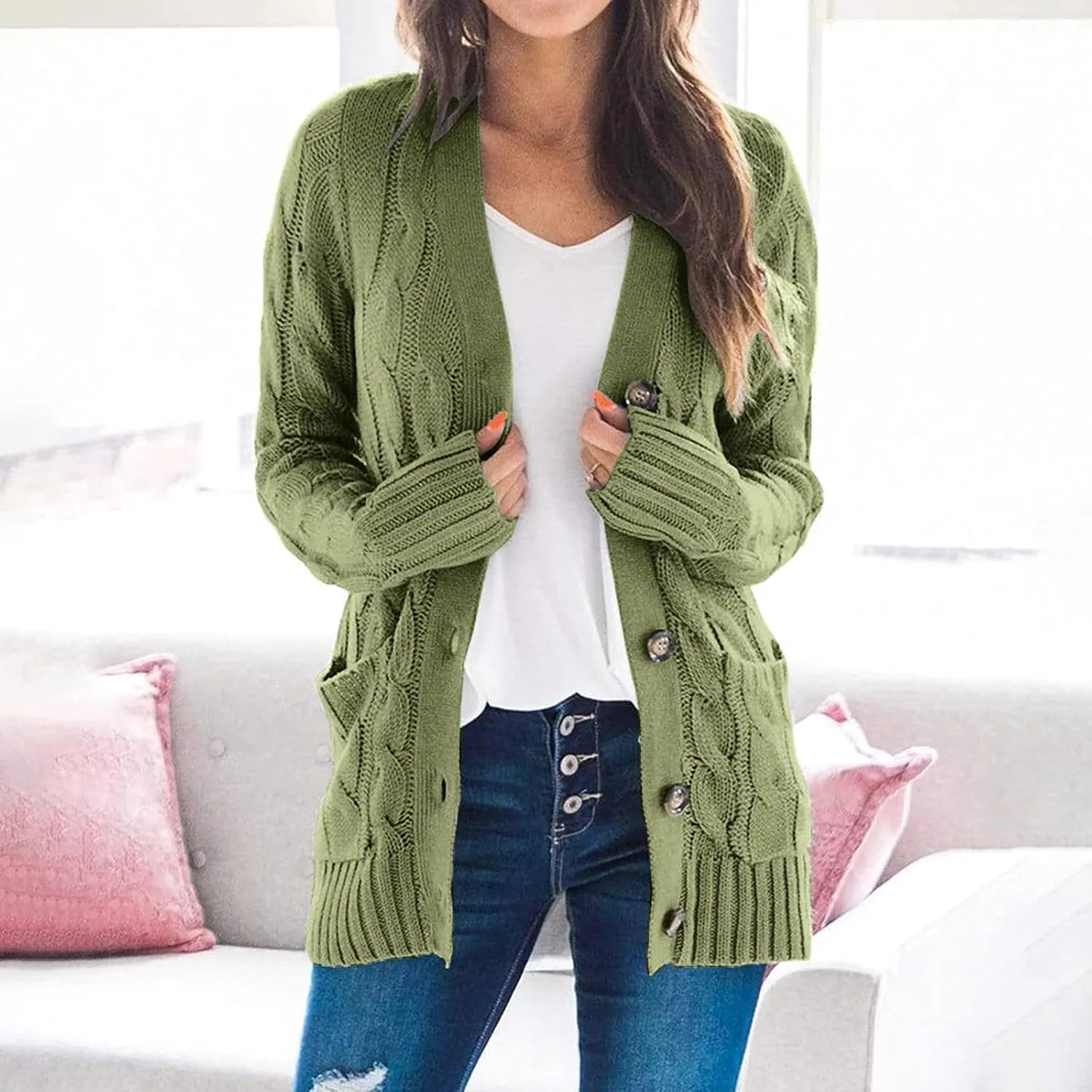 Winter Coats for Women 2025 Cable Knit Long Sleeve Sweaters Button Down Fall Outwear Coat Comfy Open Front Cardigan