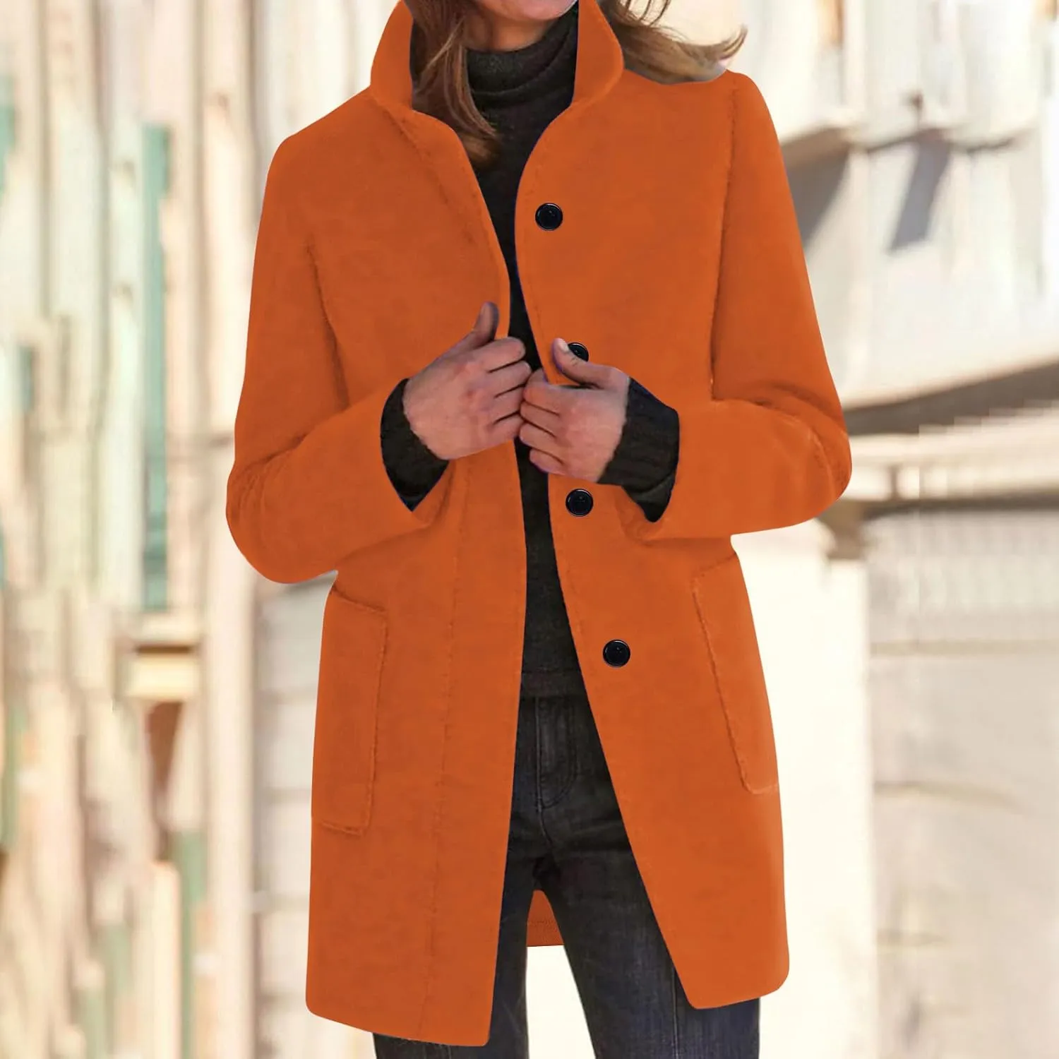 Winter Wool Pea Coat for Women Single Breasted Stand Collar Trench Coat Mid Length Loose Casual Overcoat