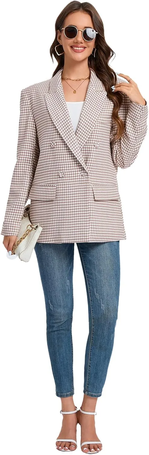 Women's Oversized Blazer Jacket Double-Breasted Suit with Pockets Long Sleeve Outfit for Business Work Office Casual