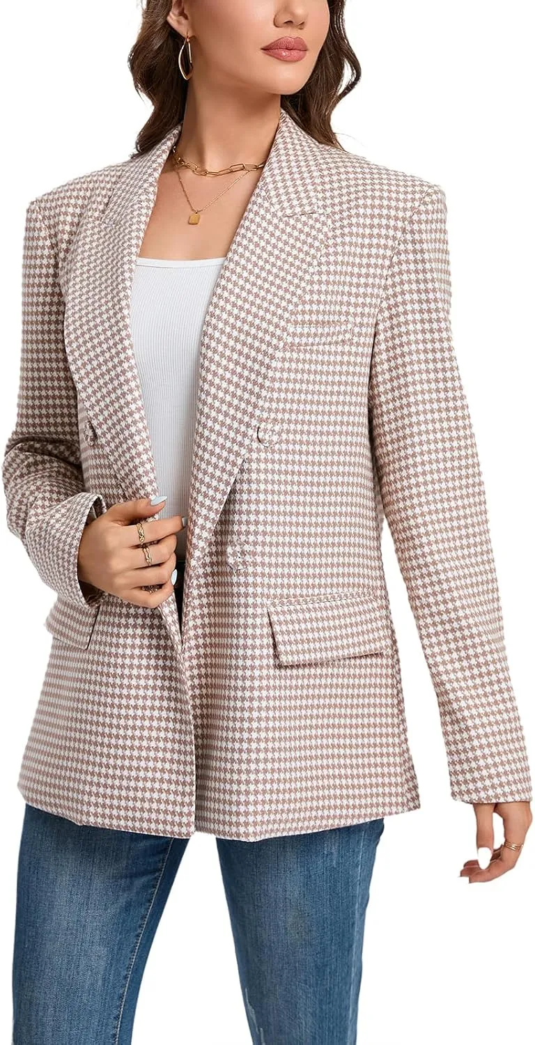 Women's Oversized Blazer Jacket Double-Breasted Suit with Pockets Long Sleeve Outfit for Business Work Office Casual