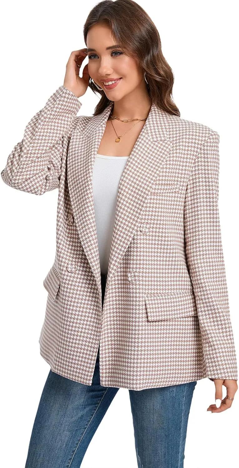Women's Oversized Blazer Jacket Double-Breasted Suit with Pockets Long Sleeve Outfit for Business Work Office Casual