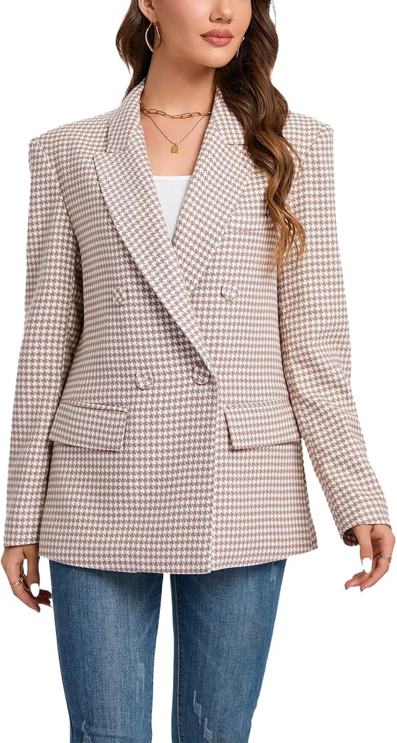 Women's Oversized Blazer Jacket Double-Breasted Suit with Pockets Long Sleeve Outfit for Business Work Office Casual