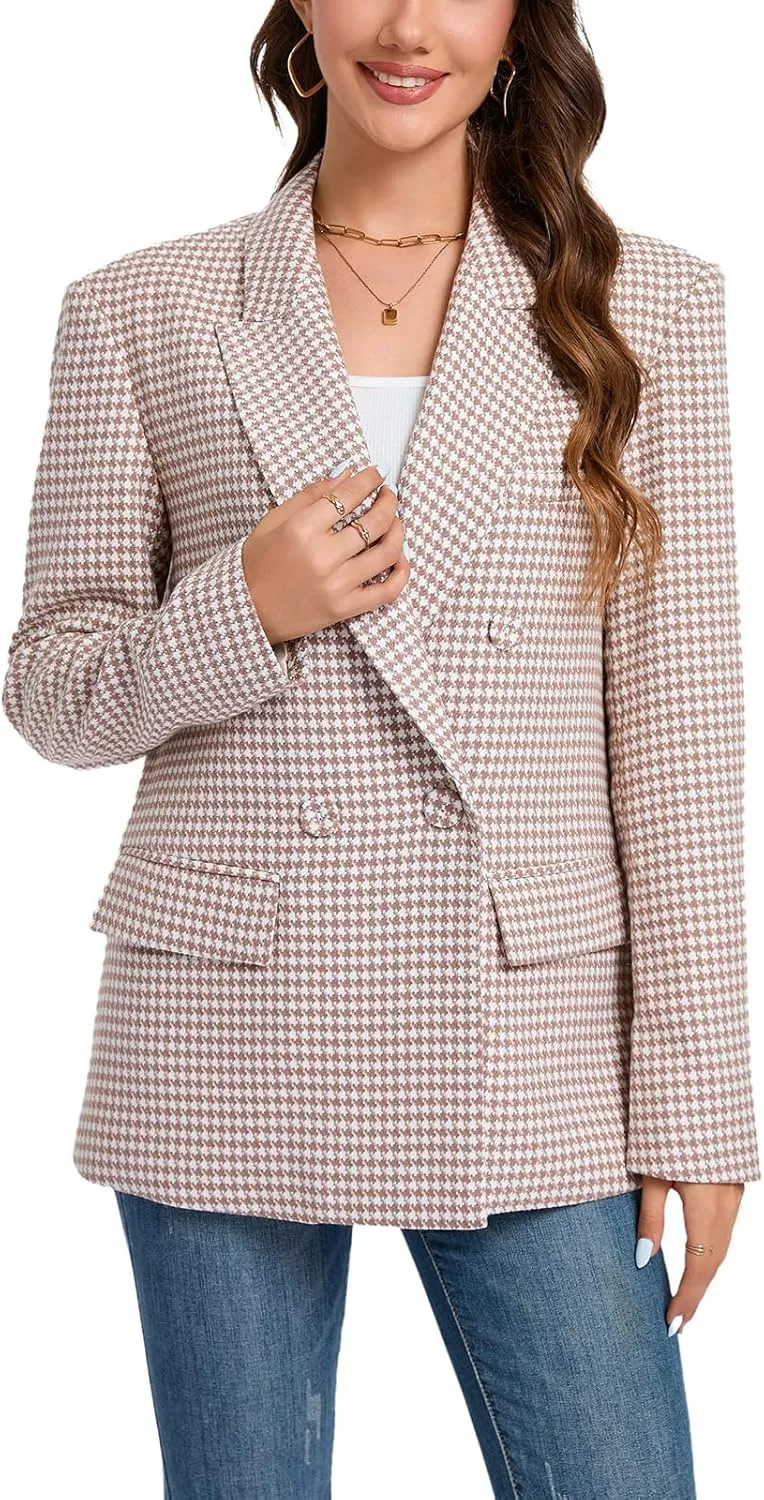 Women's Oversized Blazer Jacket Double-Breasted Suit with Pockets Long Sleeve Outfit for Business Work Office Casual