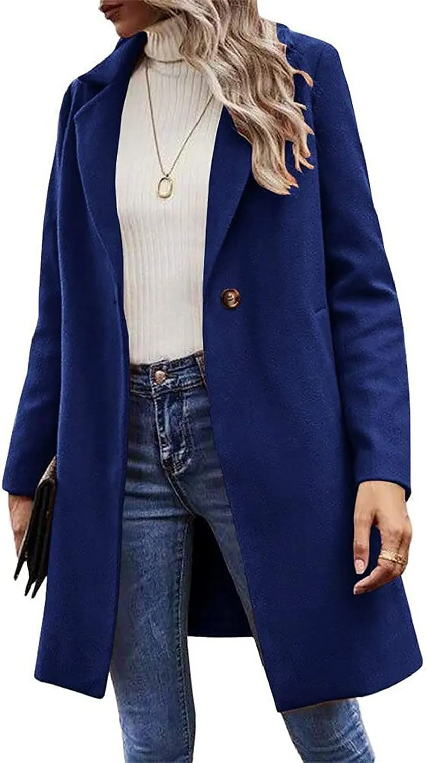 Womens Pea Coat Casual Notch Lapel Cardigan Coats Single Breasted Open Front Wool Coats 2024 Fall Winter Overcoat