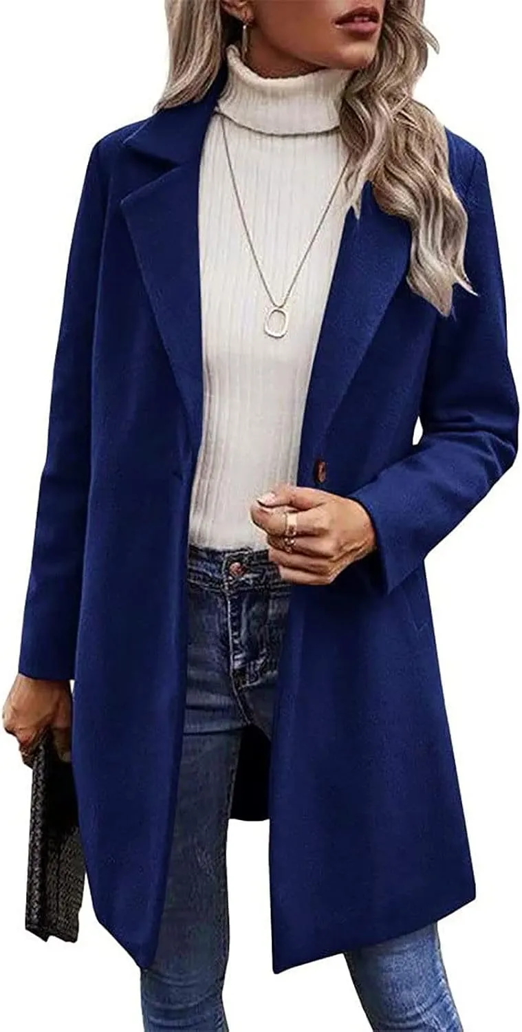 Womens Pea Coat Casual Notch Lapel Cardigan Coats Single Breasted Open Front Wool Coats 2024 Fall Winter Overcoat