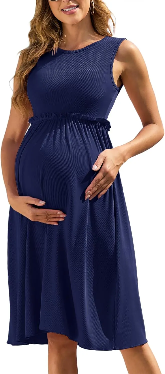 Women's Ribbed Knit Maternity Dress Frill Trim Flowy Shift High Waisted A-Line Round Neck Short Pregnancy Dresses