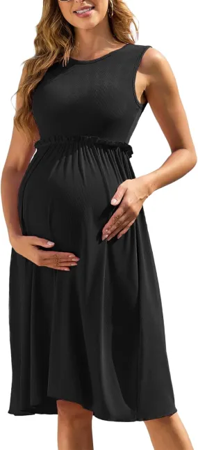 Women's Ribbed Knit Maternity Dress Frill Trim Flowy Shift High Waisted A-Line Round Neck Short Pregnancy Dresses