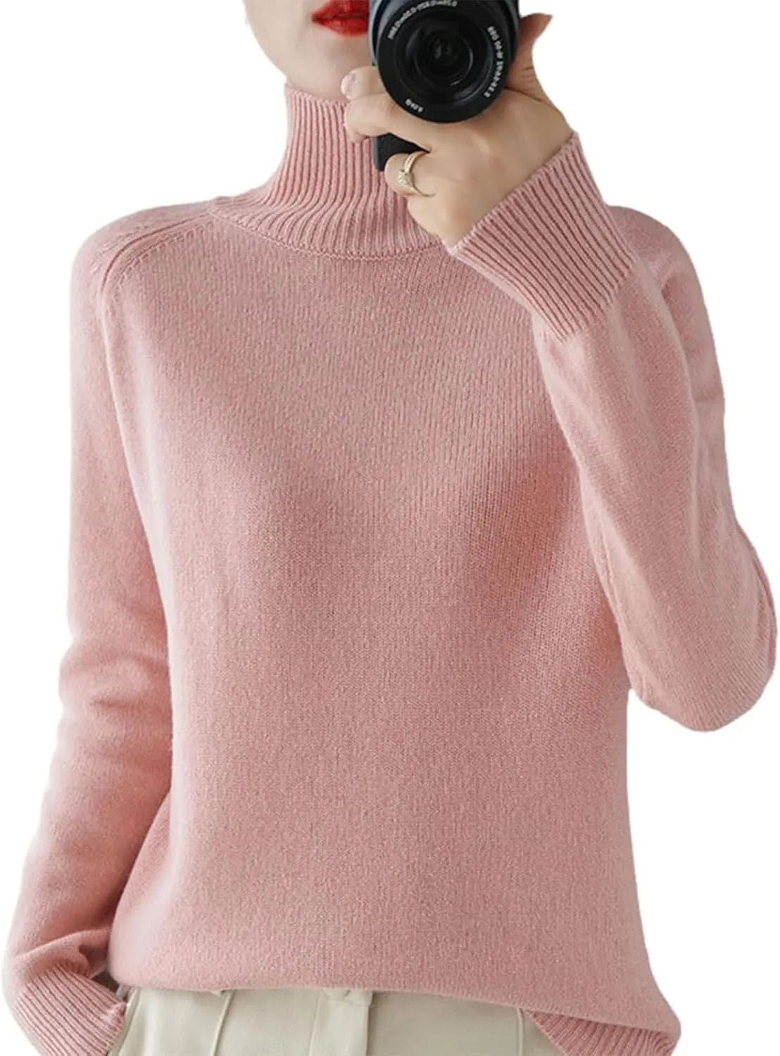 Women's Solid Turtleneck Cashmere Knit Sweater,Women's Cashmere Sweater,Casual Long Sleeve Crew Neck Sweater