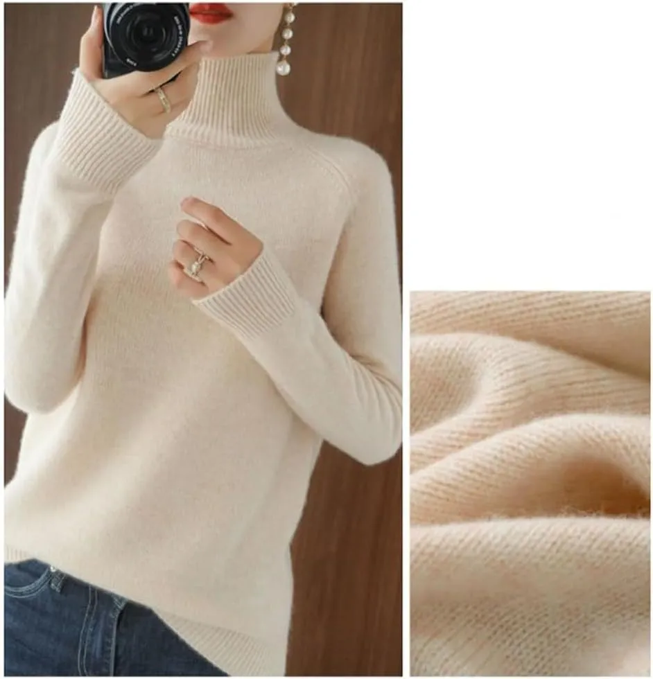 Women's Solid Turtleneck Cashmere Knit Sweater,Women's Cashmere Sweater,Casual Long Sleeve Crew Neck Sweater
