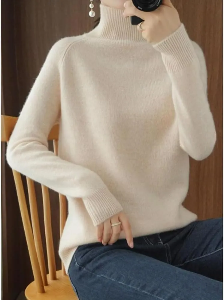 Women's Solid Turtleneck Cashmere Knit Sweater,Women's Cashmere Sweater,Casual Long Sleeve Crew Neck Sweater