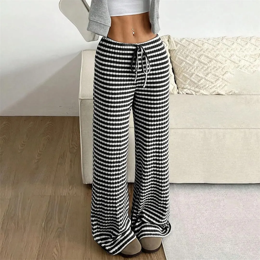 Women's Striped Elastic Waistband Drawstring Straight Leg Pants Classic Soft Daily Comfy Trousers