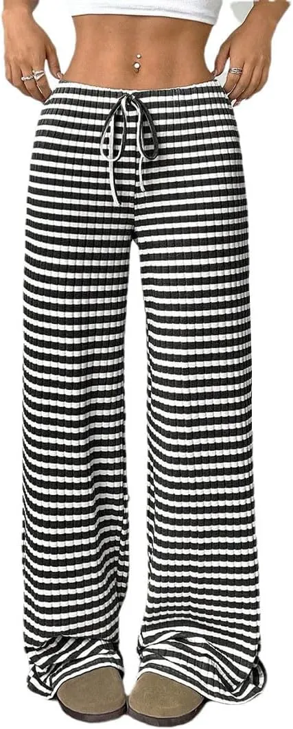 Women's Striped Elastic Waistband Drawstring Straight Leg Pants Classic Soft Daily Comfy Trousers