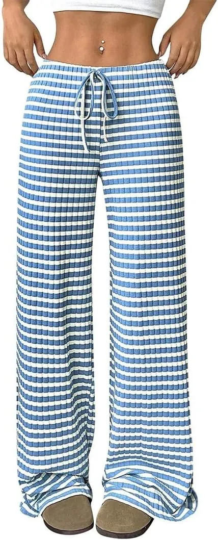 Women's Striped Elastic Waistband Drawstring Straight Leg Pants Classic Soft Daily Comfy Trousers