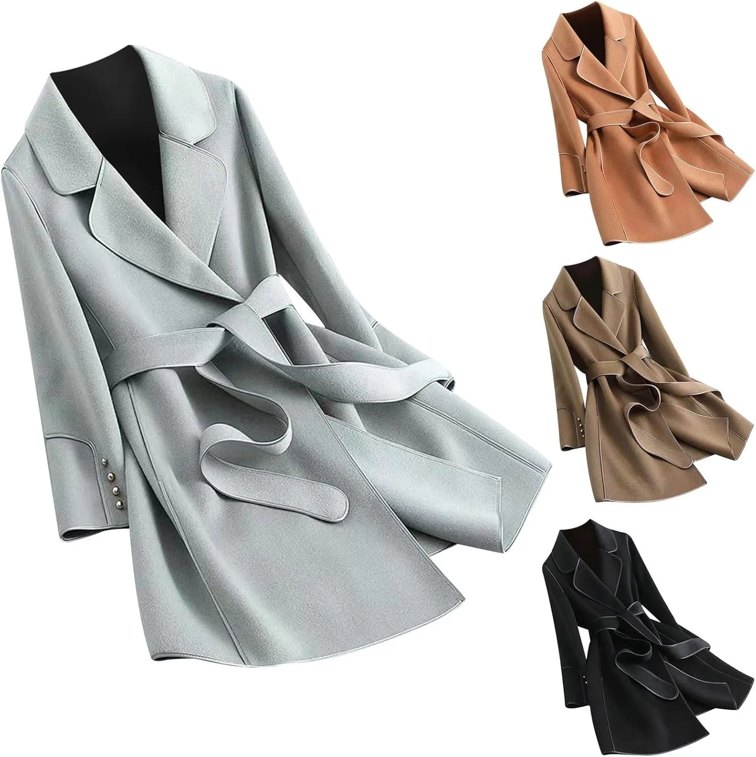 Womens Wool Coat Casual Double Breasted Lapel Jacket Work Office Long Winter Pea Coats Belted Trench Coat