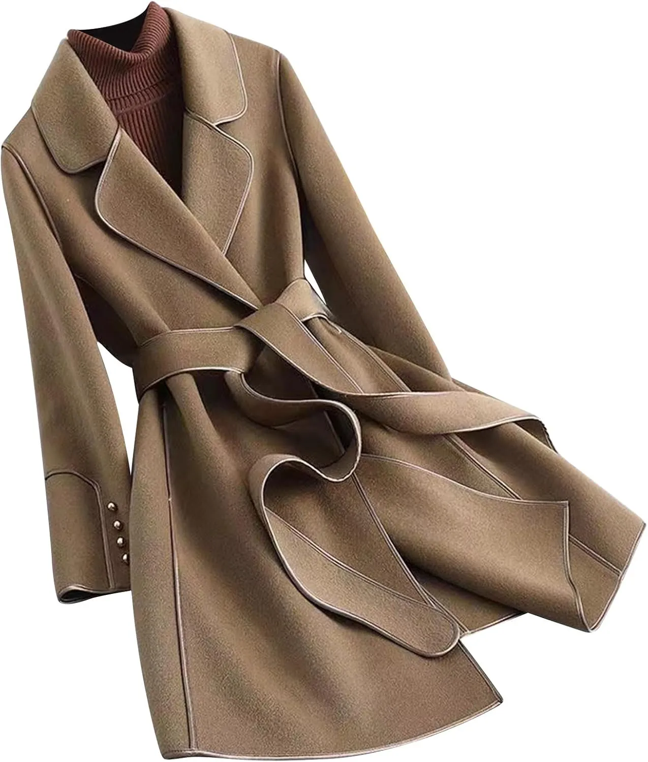 Womens Wool Coat Casual Double Breasted Lapel Jacket Work Office Long Winter Pea Coats Belted Trench Coat