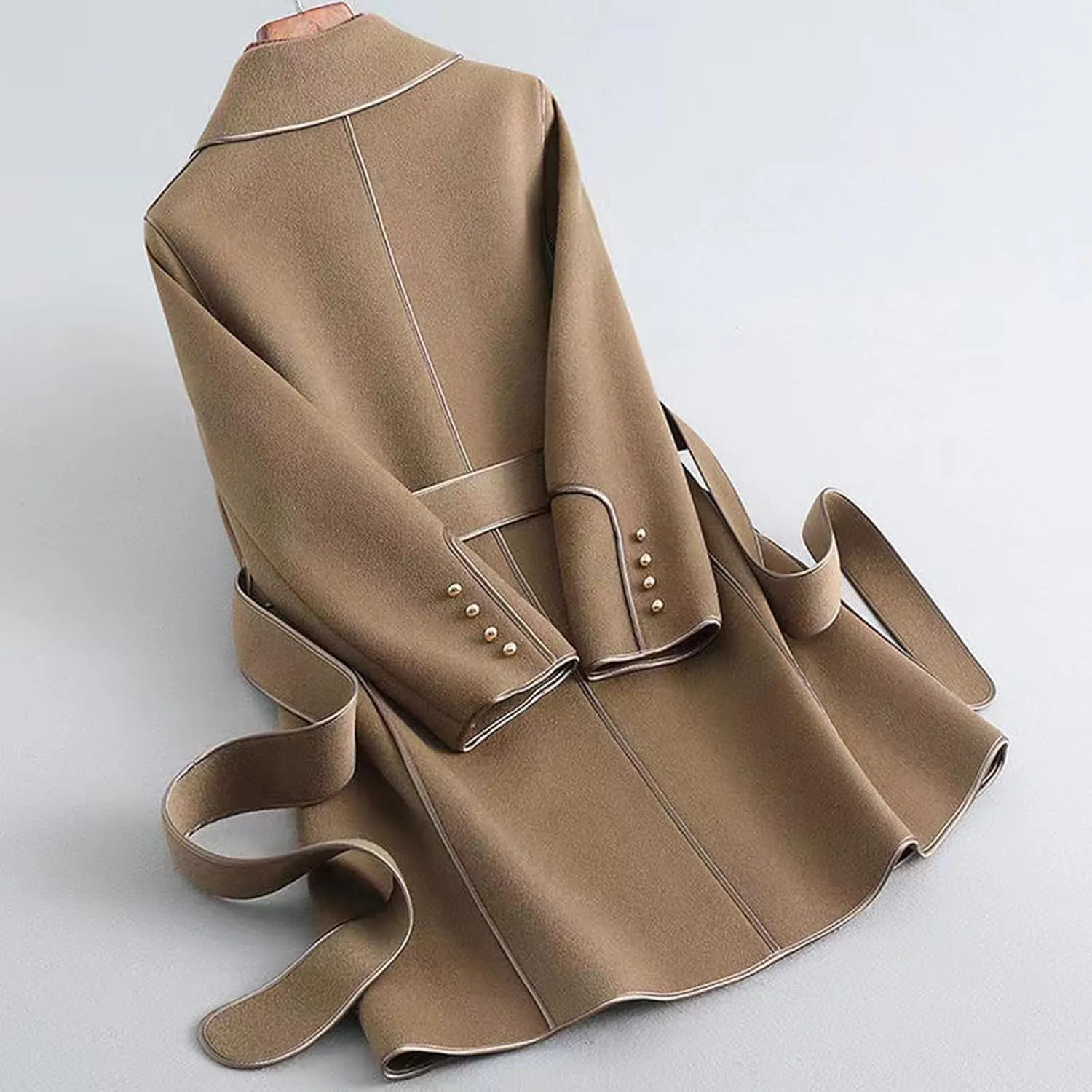 Womens Wool Coat Casual Double Breasted Lapel Jacket Work Office Long Winter Pea Coats Belted Trench Coat
