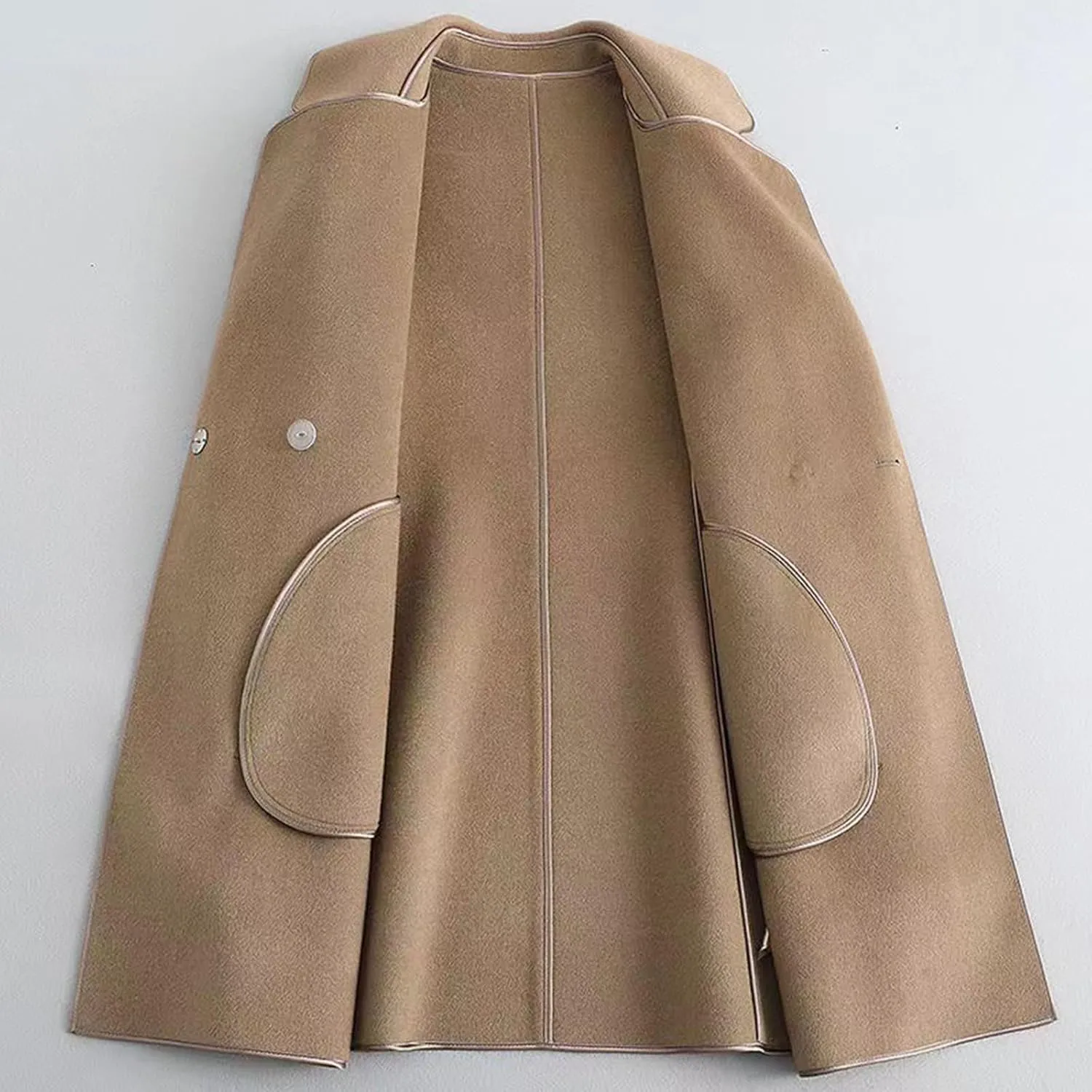 Womens Wool Coat Casual Double Breasted Lapel Jacket Work Office Long Winter Pea Coats Belted Trench Coat