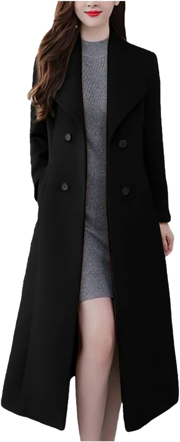 Womens Wool Trench Coat Casual Fall Winter Warm Jacket Notch Lapel Single-Breasted Long Peacoat Overcoats