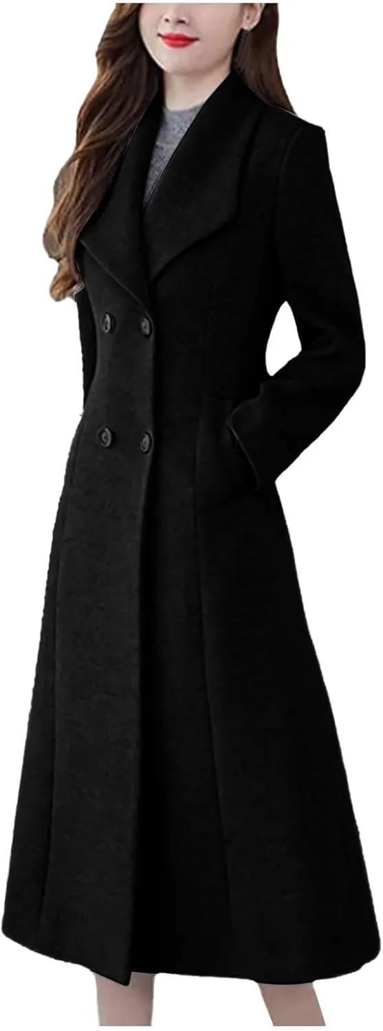 Womens Wool Trench Coat Casual Fall Winter Warm Jacket Notch Lapel Single-Breasted Long Peacoat Overcoats