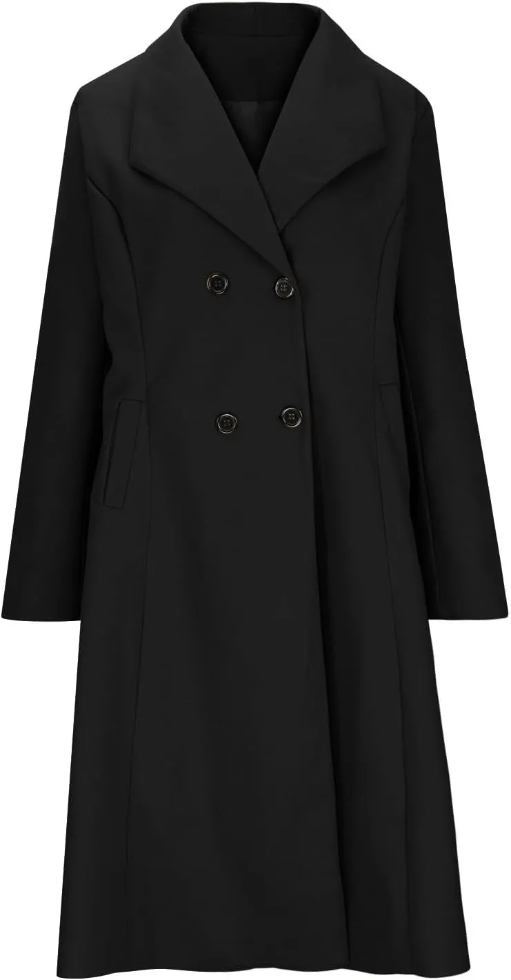 Womens Wool Trench Coat Casual Fall Winter Warm Jacket Notch Lapel Single-Breasted Long Peacoat Overcoats